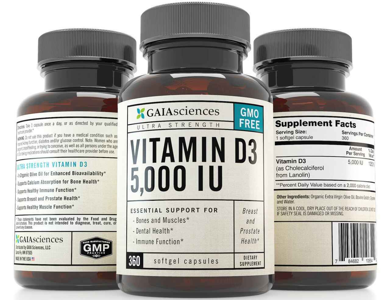 Gaia Sciences Gaia Sciences Vitamin D3 5,000 IU in Cold-Pressed Organic Olive Oil, GMO-Free, High Potency Softgels, Bio-Identical Cholecalciferol, 360 ct