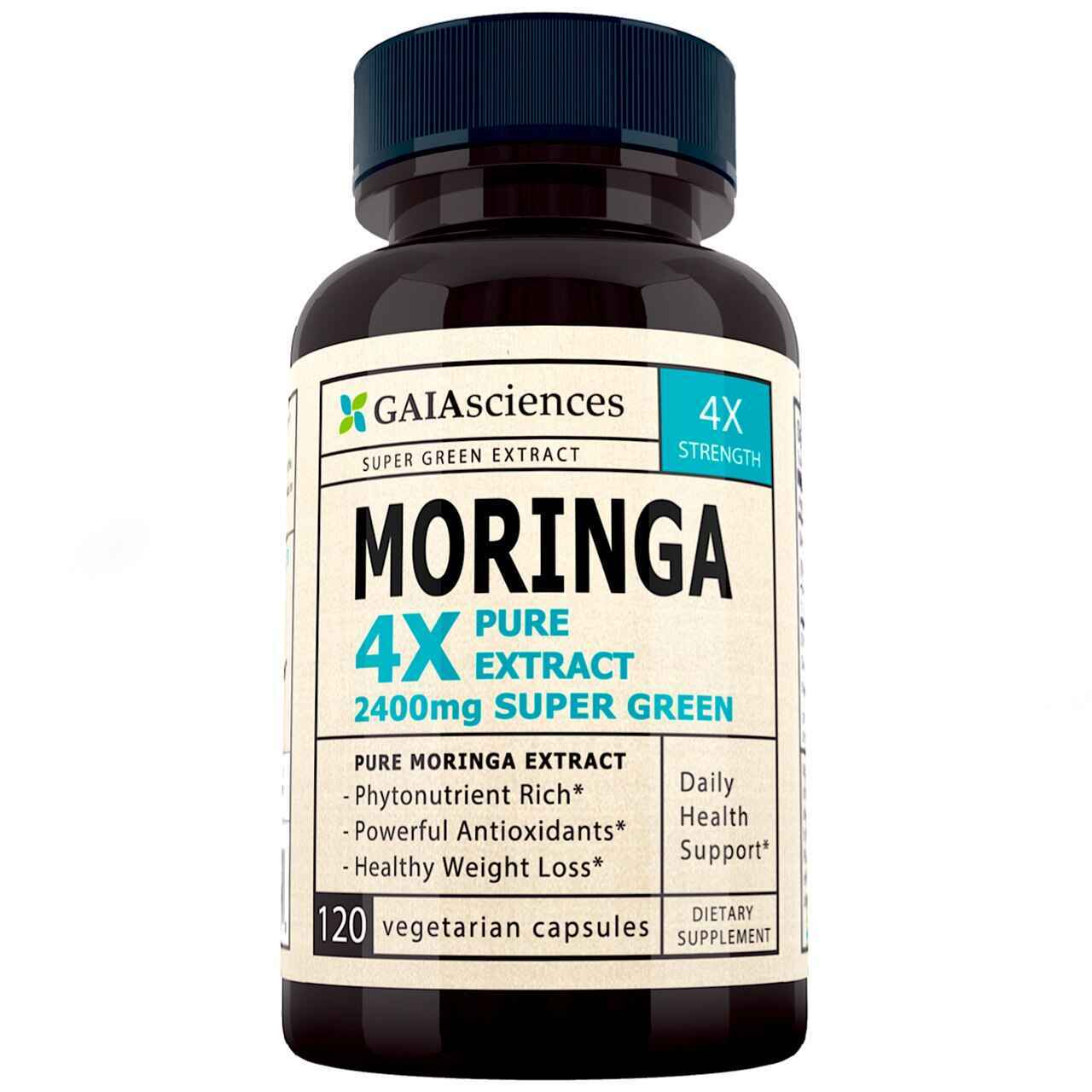 Gaia Sciences Moringa Capsules 4X Concentrate 100percent Pure Leaf Extract Moringa Superfood Green Powder, Complete Green Super Food Powder Wellness Formula Capsules Vegan 2400mg Daily Whole Foods Vitamins Iron Pills
