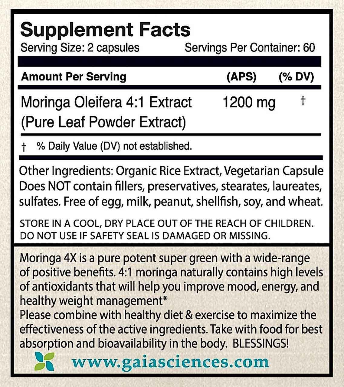 Gaia Sciences Moringa Capsules 4X Concentrate 100percent Pure Leaf Extract Moringa Superfood Green Powder, Complete Green Super Food Powder Wellness Formula Capsules Vegan 2400mg Daily Whole Foods Vitamins Iron Pills
