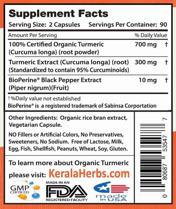 Kerala Herbs Kerala Herbs Certified Organic Pure Turmeric Curcumin, 95 Percent Curcuminoid Extract with BioPerine, Non-GMO 180 Veg Capsules
