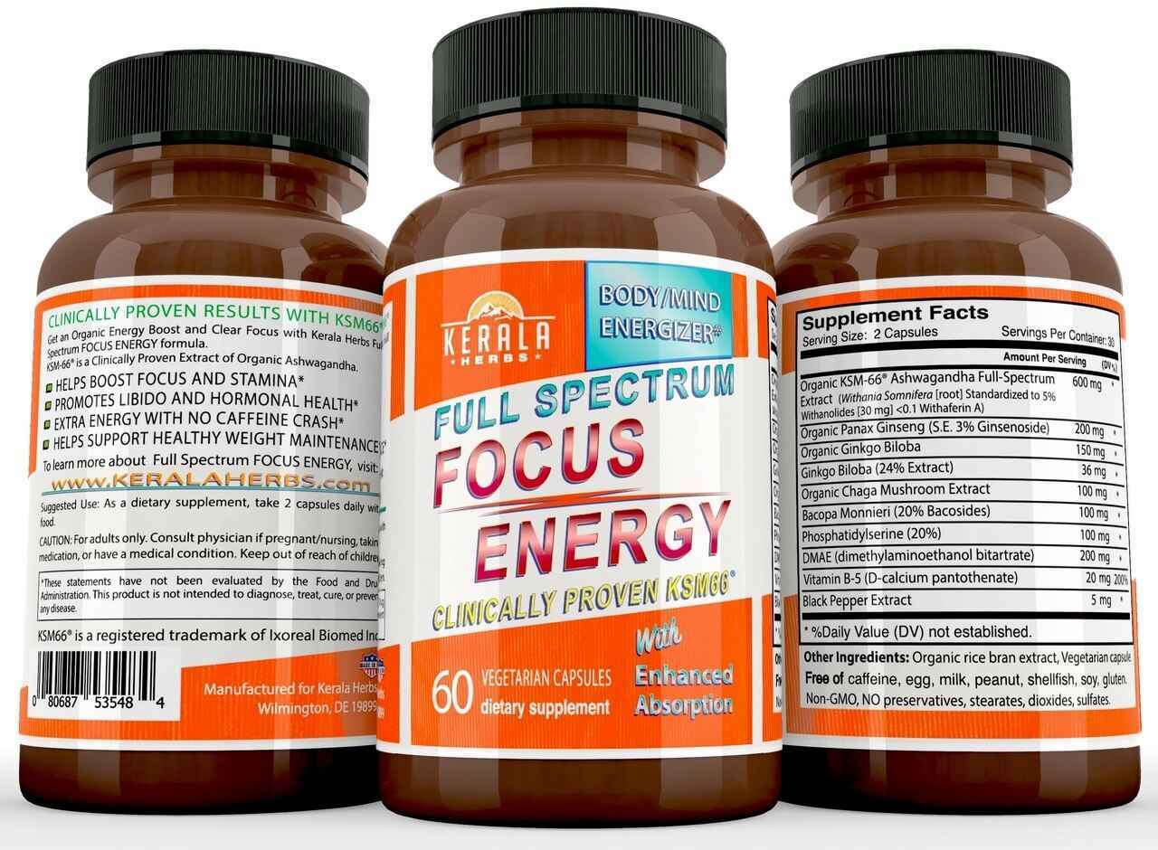 Kerala Herbs Kerala Herbs Focus Energy Formulatm with Organic Ashwagandha KSM66r Supports Concentration, Focus, Energy, Memory, Improved Physical Endurance and Recovery Aid